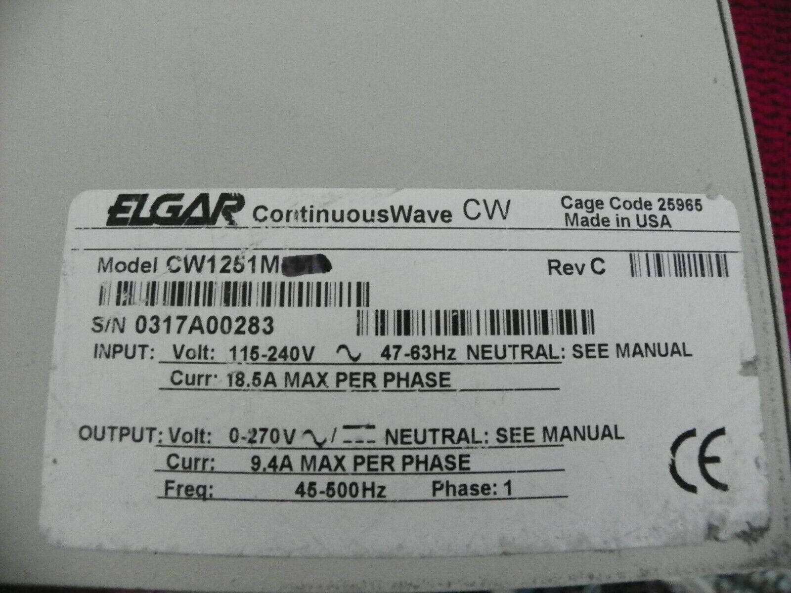 Elgar CW1251M 1250VA 45-500Hz,135/270Vac 9.26A/4.63A AC source Elgar CW1251M 1250VA 45-500Hz,135/270Vac 9.26A/4.63A AC source
